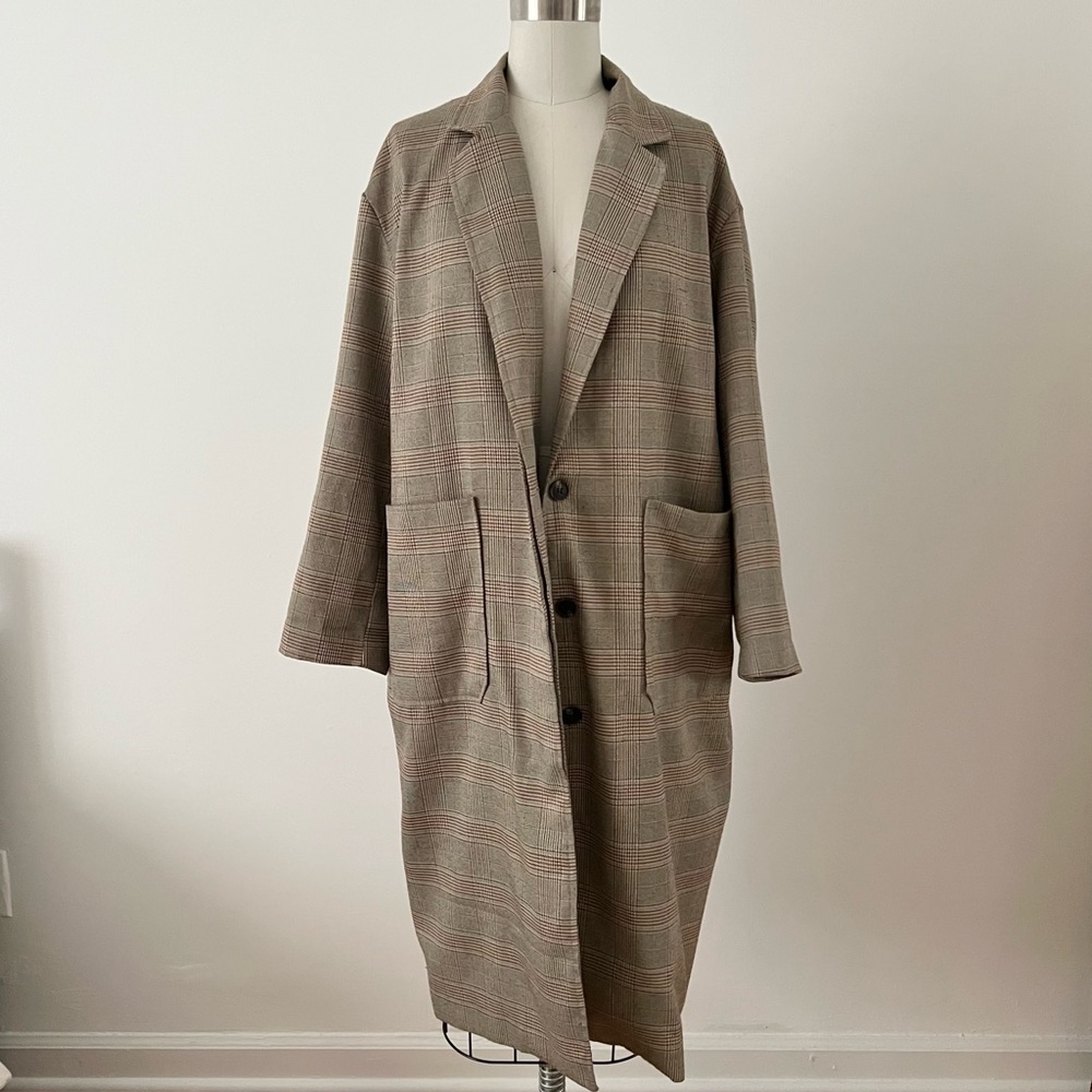 OAK & FORT Button Front Neutral Plaid Trench Coat w/ Pockets OS